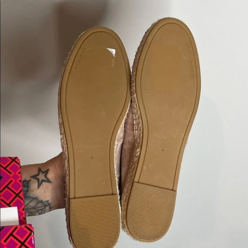 Tory Burch Women’s Stud Pearls Logo Suede Espadrilles in Meadowsweet Size 10